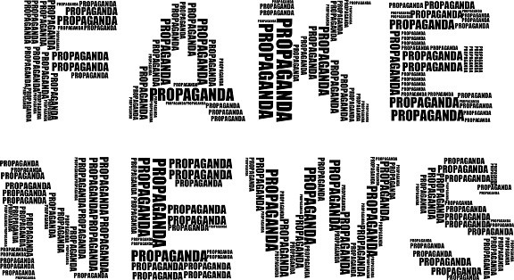 The letters of the words "Fake News" made up of the word "propaganda"