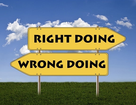 Signs labelled "Right Doing" and "Wrong Doing" pointing in opposite directions